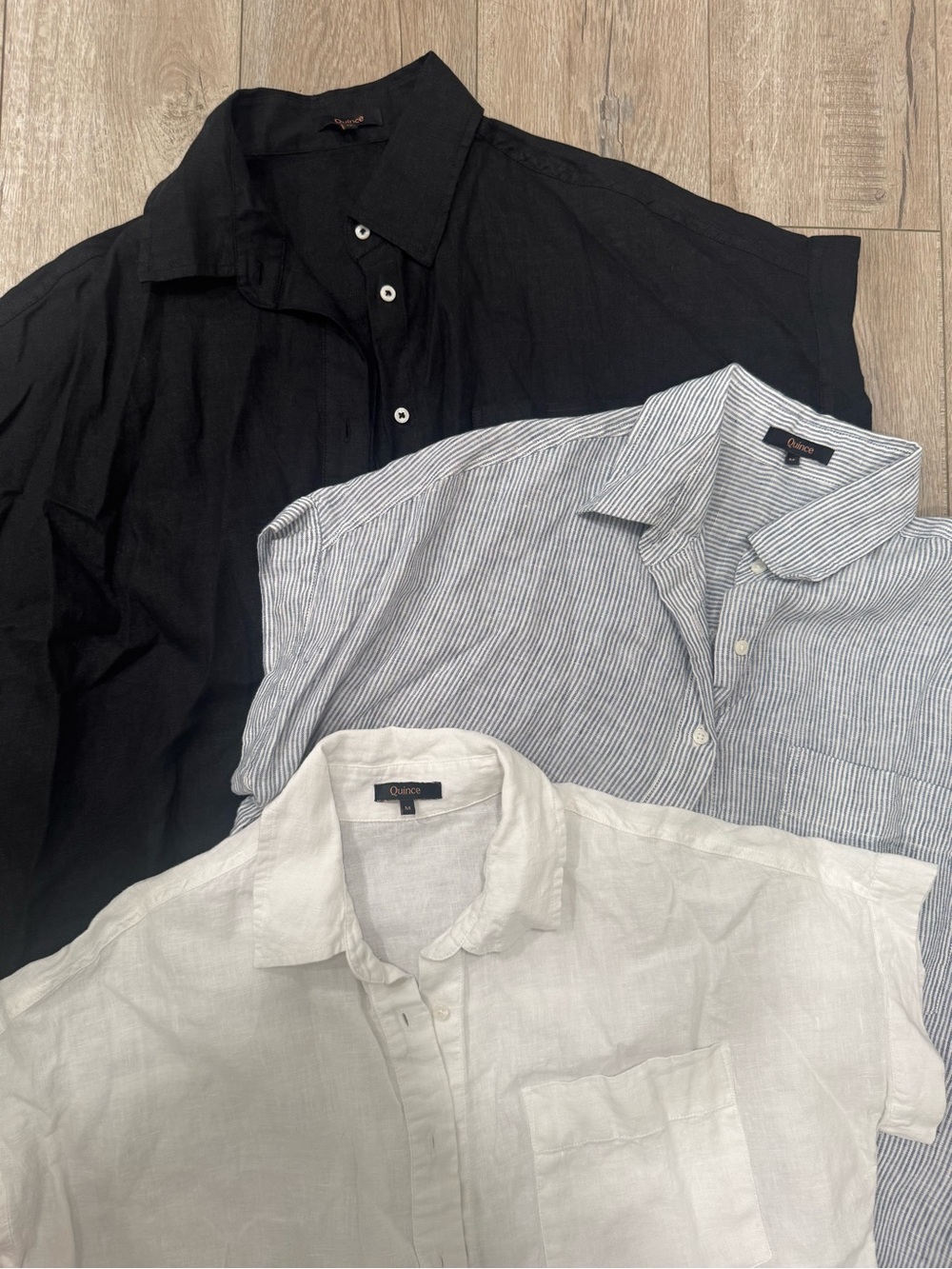 BUNDLE: Quince 100% LINEN shirts- Black, White, light blue stripe - Picture 2 of 5